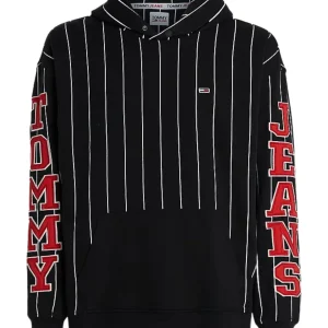 Tommy Jeans Felpa con Cappuccio TJM Pinstripe Relaxed Fit in Cotone Nero