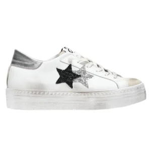 2Star Sneakers Platform 4 cm Glitter Effetto Used Pelle Bianco