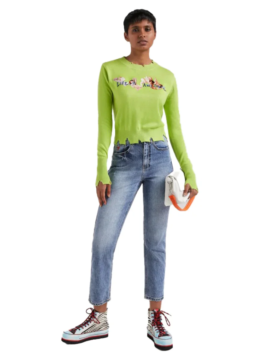 Desigual Pullover Fluo Vintage Strappi Cherubini Art Verde Donna - immagine 6