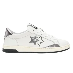 2Star Scarpe Sneakers Made in Italy artigianali Now Star Pelle Argento Bianco 4813