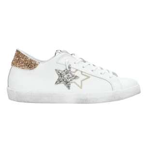 2Star Scarpe Sneakers Made in Italy artigianali PRIME STAR Pelle donna Bianco argento oro