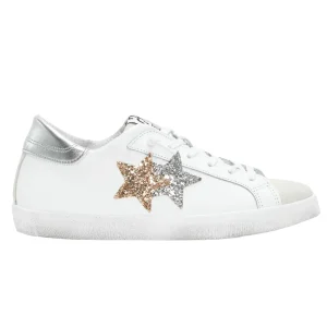 2Star Scarpe Sneakers Made in Italy artigianali PRIME STAR Pelle donna Bianco oro argento