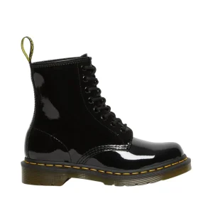 Dr. Martens Stivali Stringati 1460 W Black Patent Lamper in Pelle Nero Donna