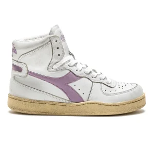 Diadora Heritage Sneaker MI Basket USED in Pelle Premium Stone Wash Bianco Viola Lavanda Unisex