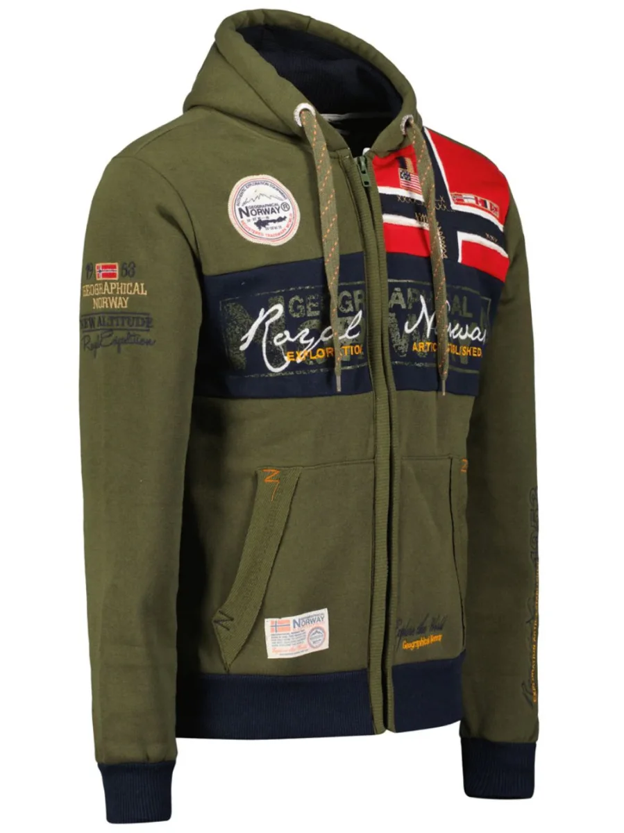 Geographical Norway Felpa Flyer Full Zip con Cappuccio Sport Verde Kaki Uomo - immagine 4