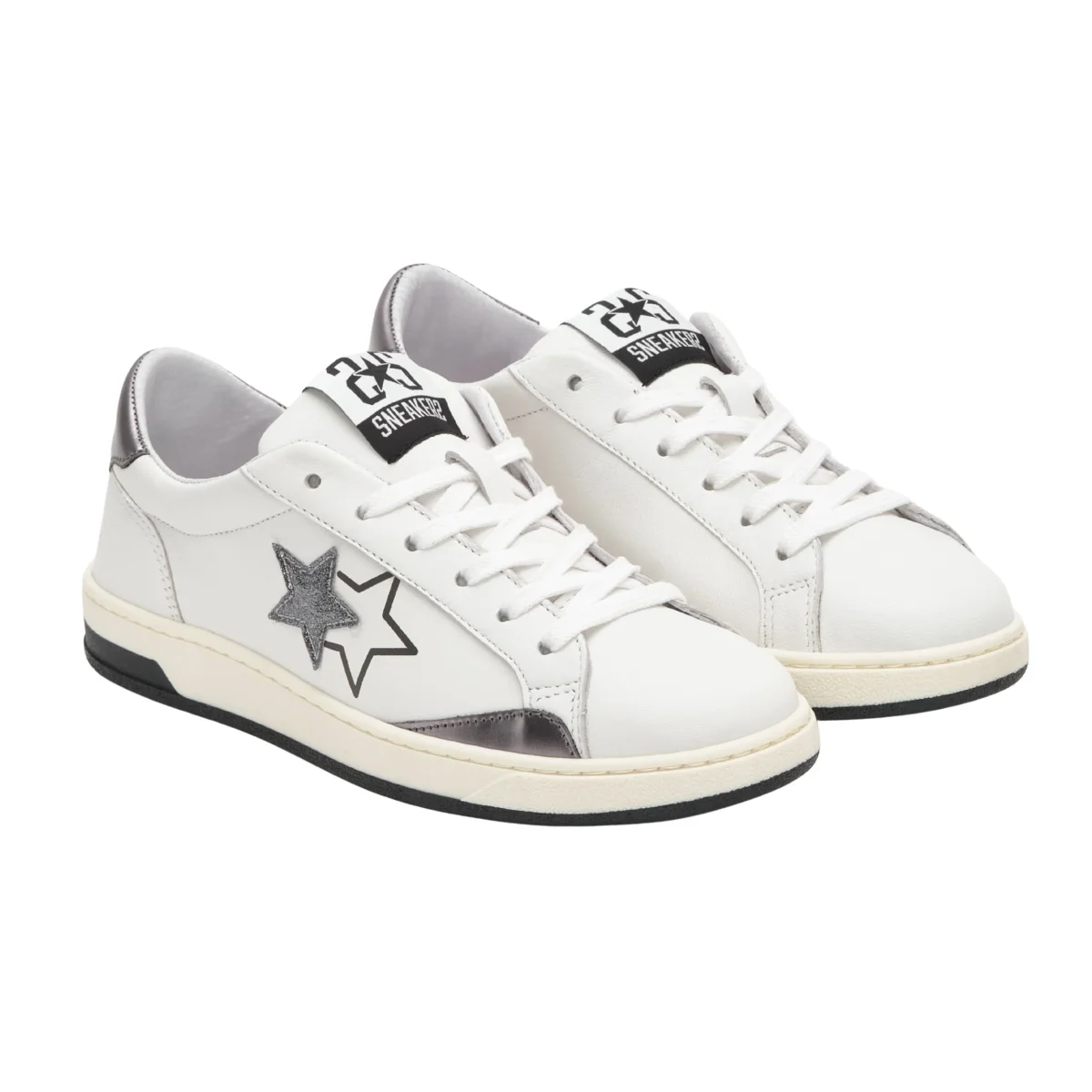 2Star Scarpe Sneakers Made in Italy artigianali Now Star Pelle Argento Bianco 4813 - immagine 3