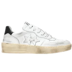 2Star Scarpe Donna Sneaker Padel Tomaia in Pelle Bovina Bianco Nero Effetto Usato
