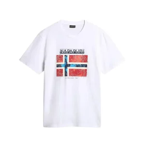 Napapijri T-shirt Cotone Manica Corta con Logo e Bandiera Norvegese Bianco