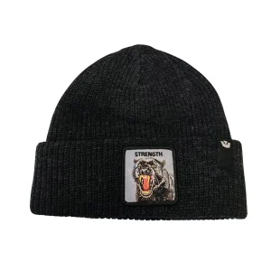 Goorin Bros. Cuffia Beanie 'Strenght' in Misto Acrilico Nero con Patch Pantera Unisex