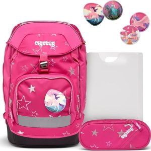 Ergobag Set prime zaino portapenne Ergonomico Personalizzabile Eco Resistente Acqua Sporco Fucsia Bambina Star