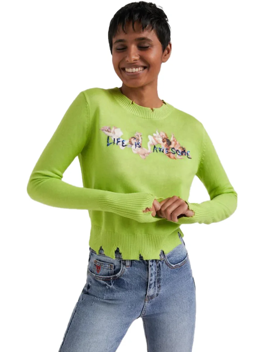 Desigual Pullover Fluo Vintage Strappi Cherubini Art Verde Donna - immagine 4