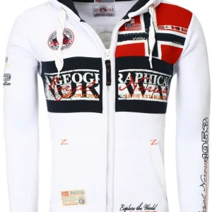 Geographical Norway Felpa Flyer Full Zip con Cappuccio Sport Bianco Uomo