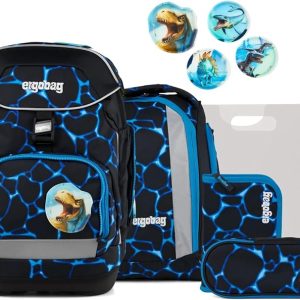 Ergobag Zaino Scuola Bambino PACK SET Resistente Acqua Bearassic Garden Nero Azzurro