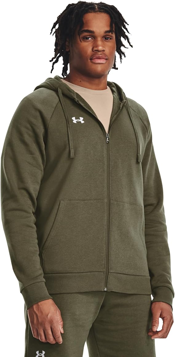 Under Armour felpa full zip pile misto cotone cappuccio RIVAL uomo allenamento UA verde militare