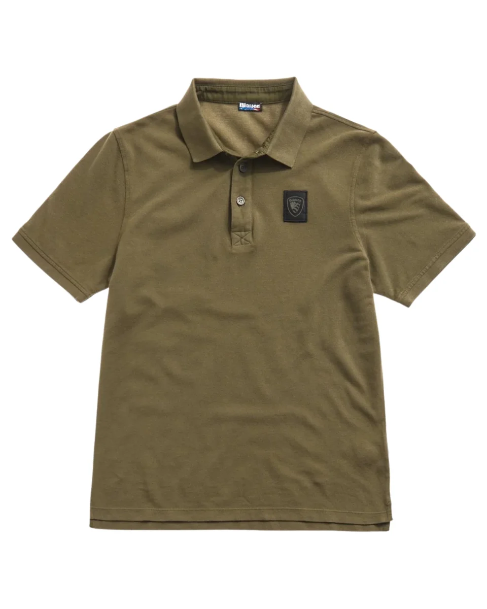 Blauer Polo Piquet 3 Bottoni Con Logo Scudetto Verde Uomo