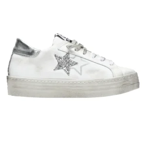 2Star Sneakers HS Pelle con Dettagli Glitter Argento Bianca