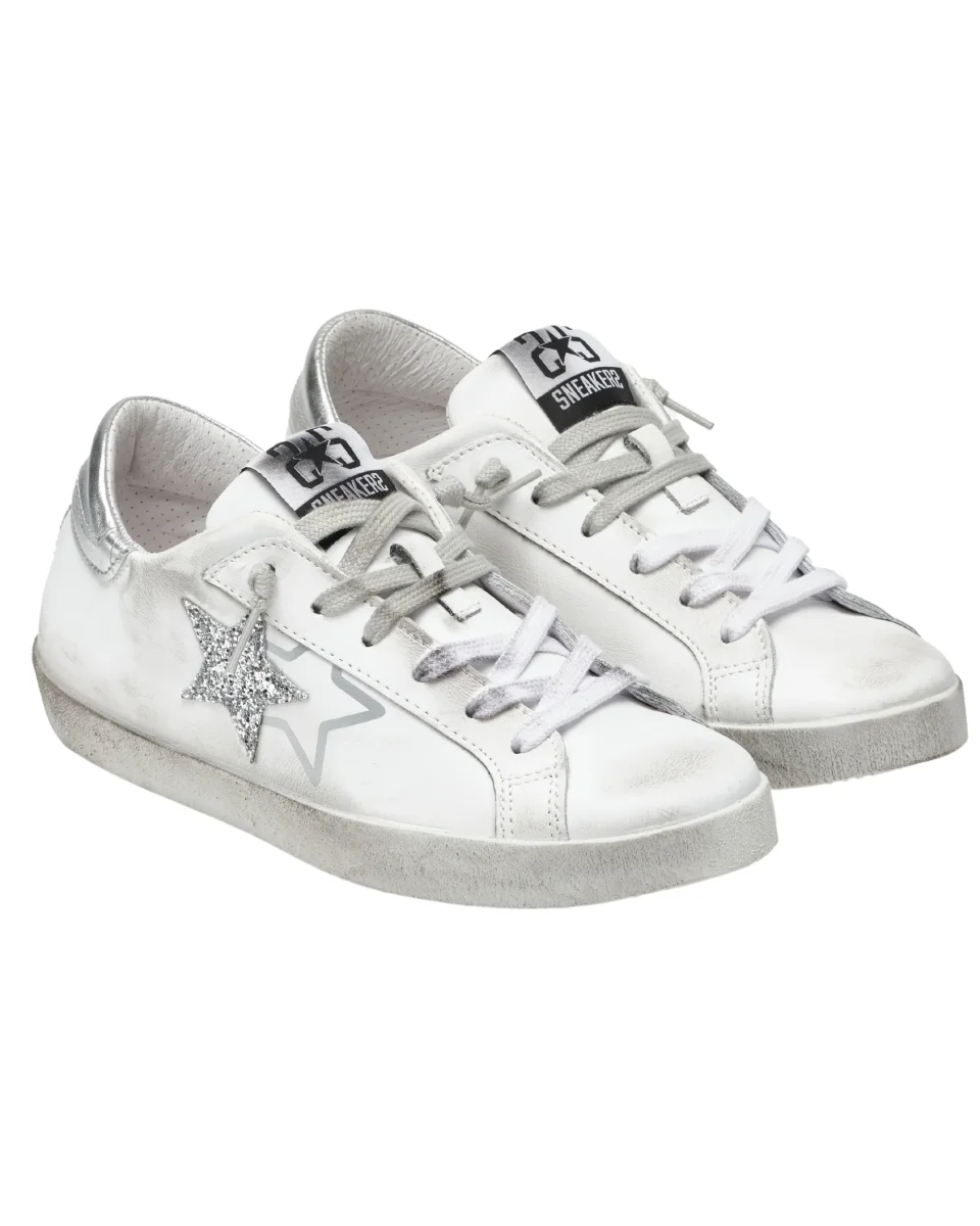 2Star Scarpe Sneakers Made in Italy artigianali One Star Pelle con Glitter Argento Bianco 4205 - immagine 3