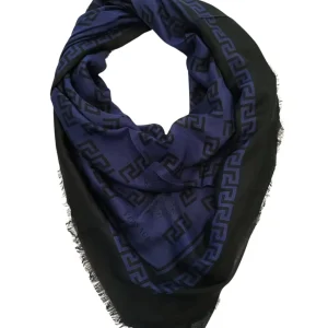 Versace Foulard Stola Pashmina Scialle Misto Cashmere Nero Donna