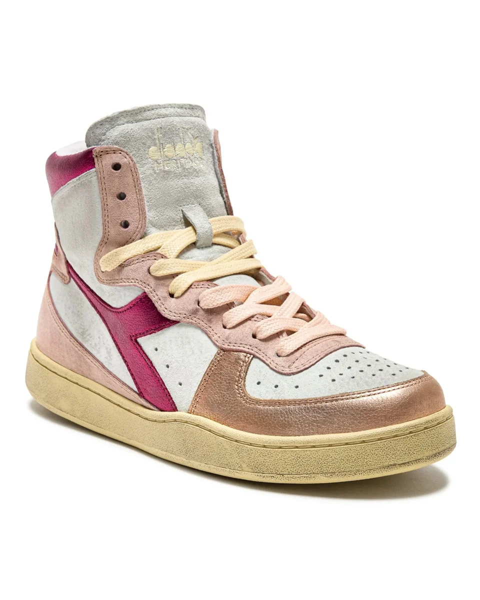 Diadora Heritage Sneaker Basket Metal Used Tomaia In Pelle Effetto Used Bianco Rosa Donna - immagine 3