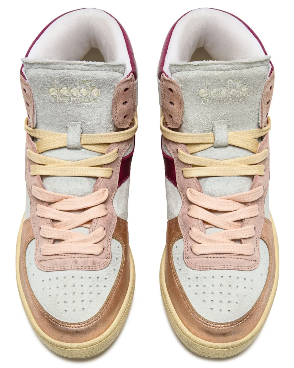 Diadora Heritage Sneaker Basket Metal Used Tomaia In Pelle Effetto Used Bianco Rosa Donna - immagine 4