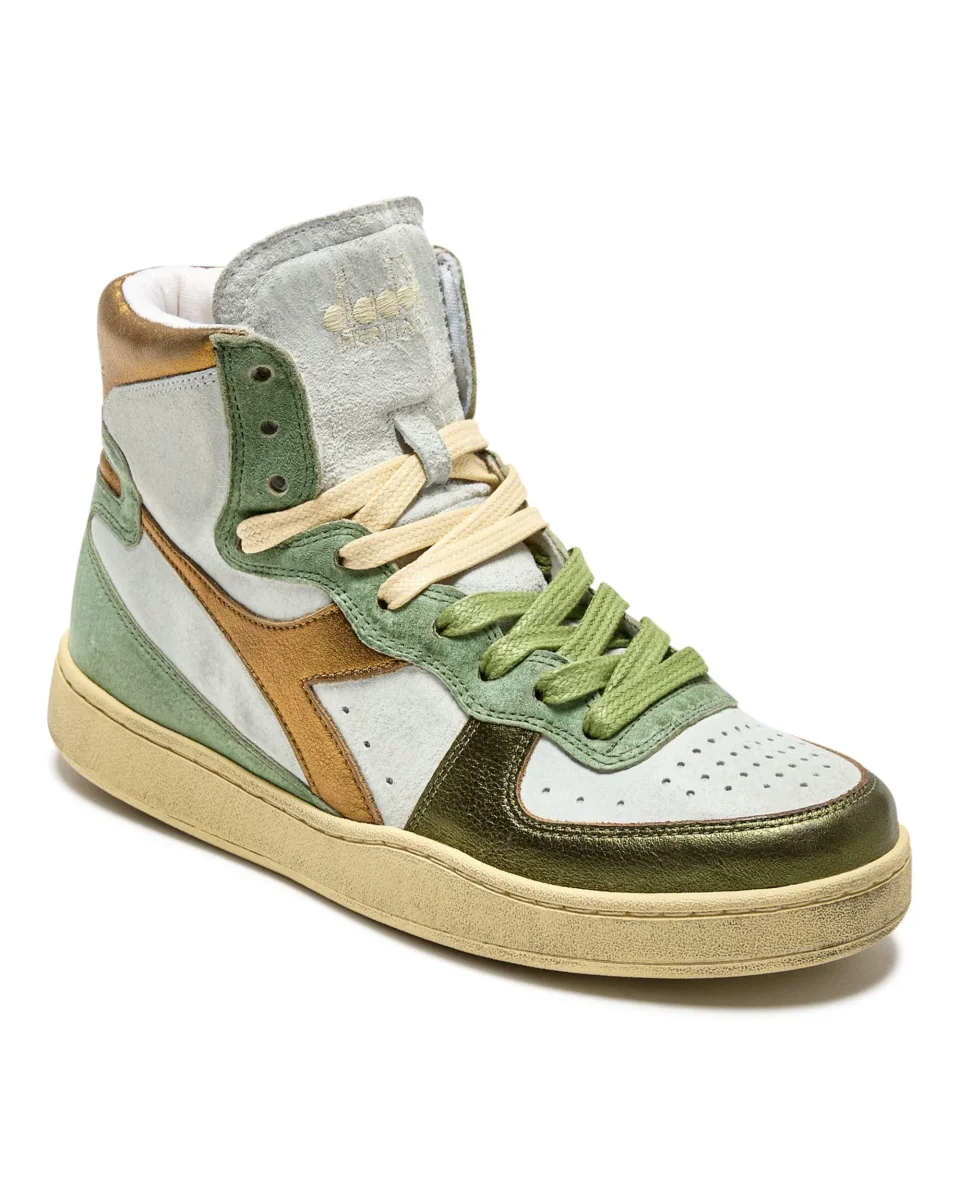 Diadora Heritage Sneaker Basket Metal Tomaia In Pelle Effetto Used Bianco Verde Donna 178889 - immagine 3