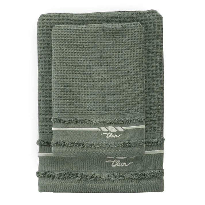 THUN Set 2 Asciugamani Country Bloom 40x60 + 60x100 cm Tinta Unita verde B300329