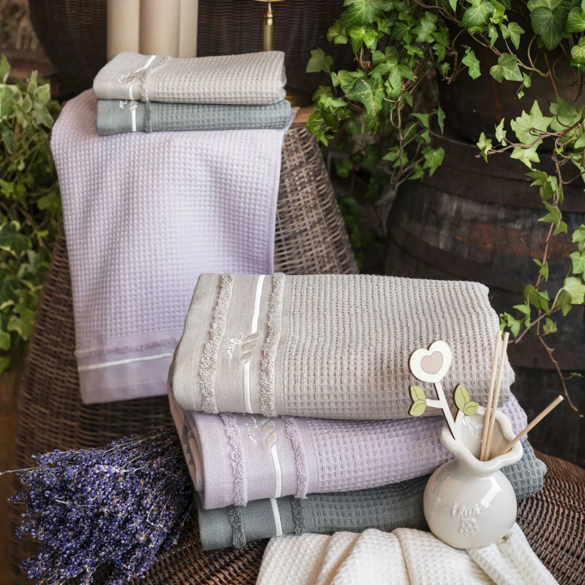 THUN Set 2 Asciugamani Country Bloom 40x60 + 60x100 cm Tinta Unita verde B300329 - immagine 3