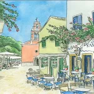 Illustrazione acquerello: Cafè Kalimera, Gaios