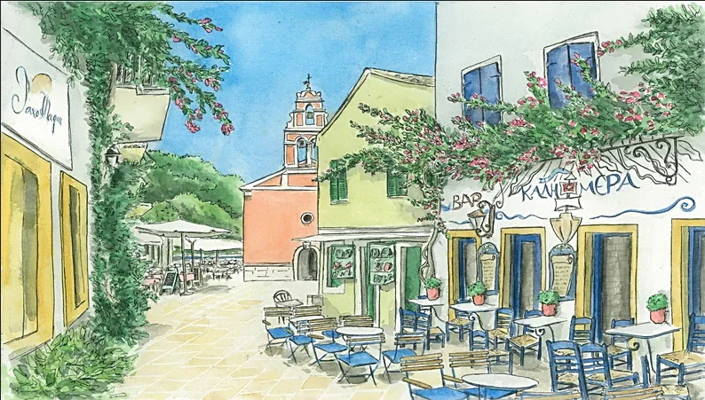 Illustrazione acquerello: Cafè Kalimera, Gaios