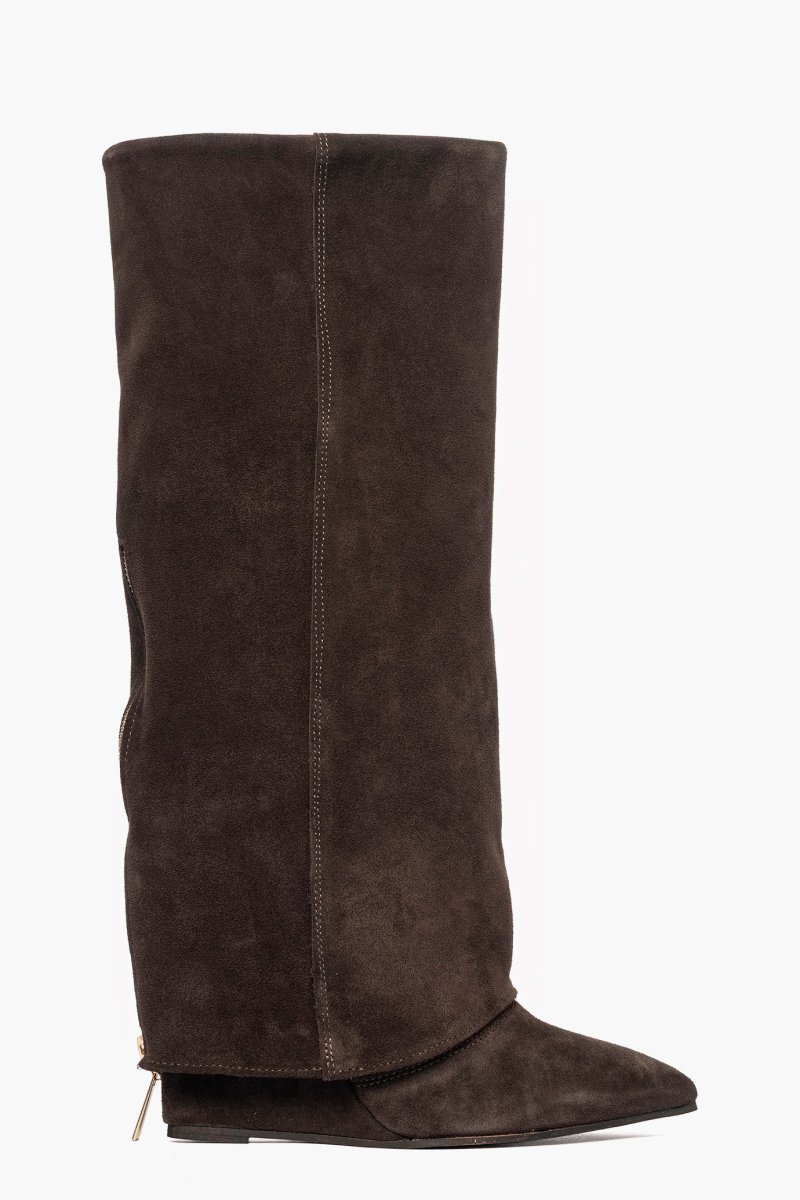 Stivali con zeppaa e risvolto con zip camoscio marrone 1719