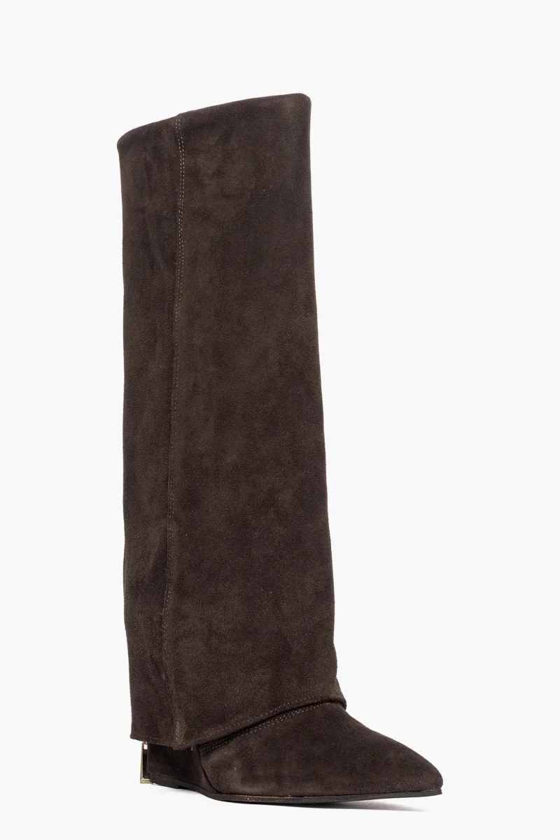 Stivali con zeppaa e risvolto con zip camoscio marrone 1719 - immagine 3