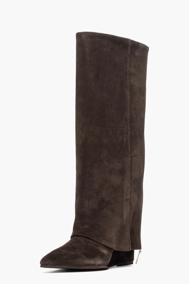 Stivali con zeppaa e risvolto con zip camoscio marrone 1719 - immagine 4