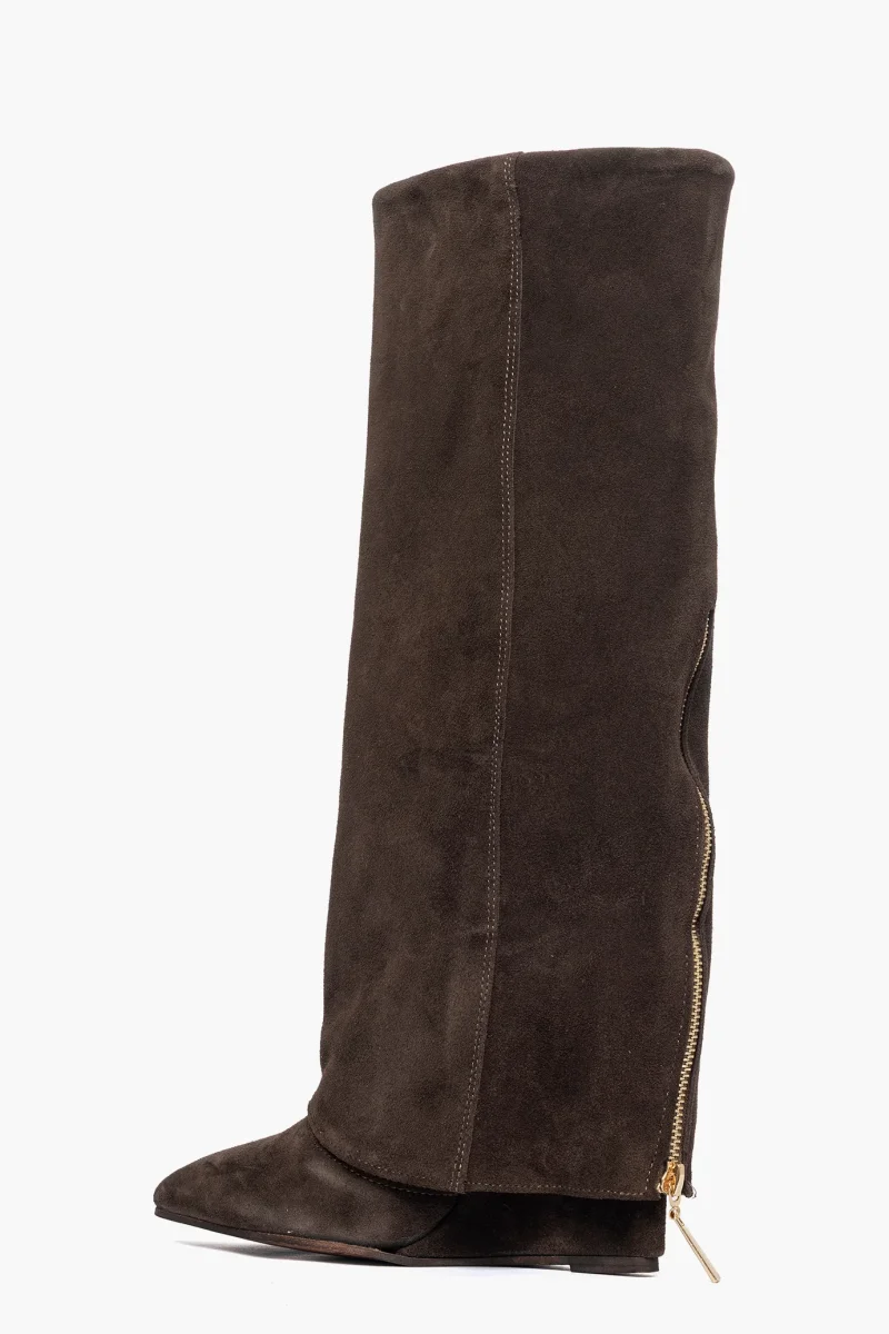 Stivali con zeppaa e risvolto con zip camoscio marrone 1719 - immagine 5