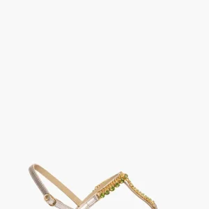 Sandalo infradito gioiello pelle oro pietre verdi Bijoux