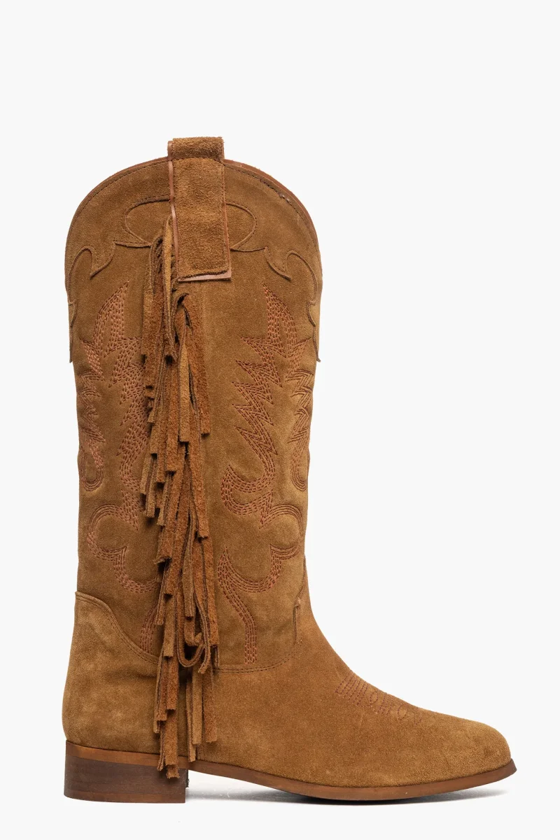 Stivali 297 camoscio cuoio con ricami e frange