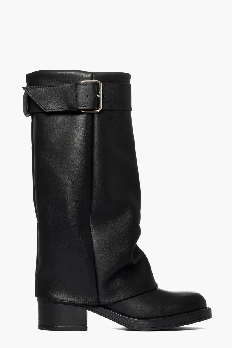 Stivale pelle nero con risvolto e fibbia Valentina