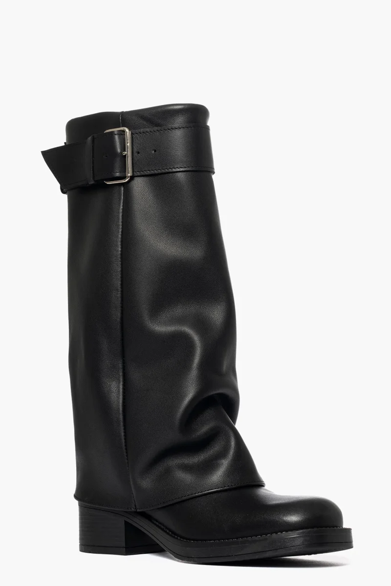 Stivale pelle nero con risvolto e fibbia Valentina - immagine 3