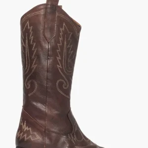 Stivali Oldwest 75 pelle marrone con ricamo beige