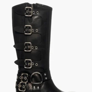 Stivali anfibio Megan 1348 pelle nero con fibbie e accessori in argento