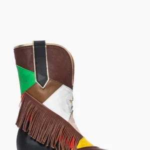 Stivaletti Oldwest 88 pelle taupe con patch multicolor e frange