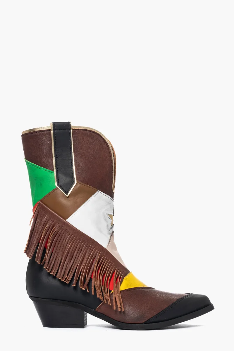 Stivaletti Oldwest 88 pelle taupe con patch multicolor e frange