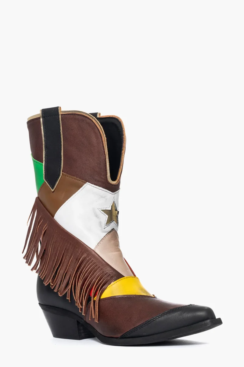 Stivaletti Oldwest 88 pelle taupe con patch multicolor e frange - immagine 3