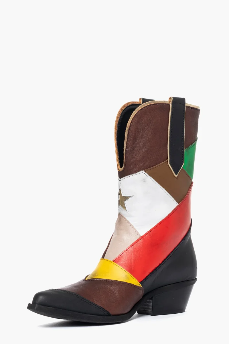 Stivaletti Oldwest 88 pelle taupe con patch multicolor e frange - immagine 4