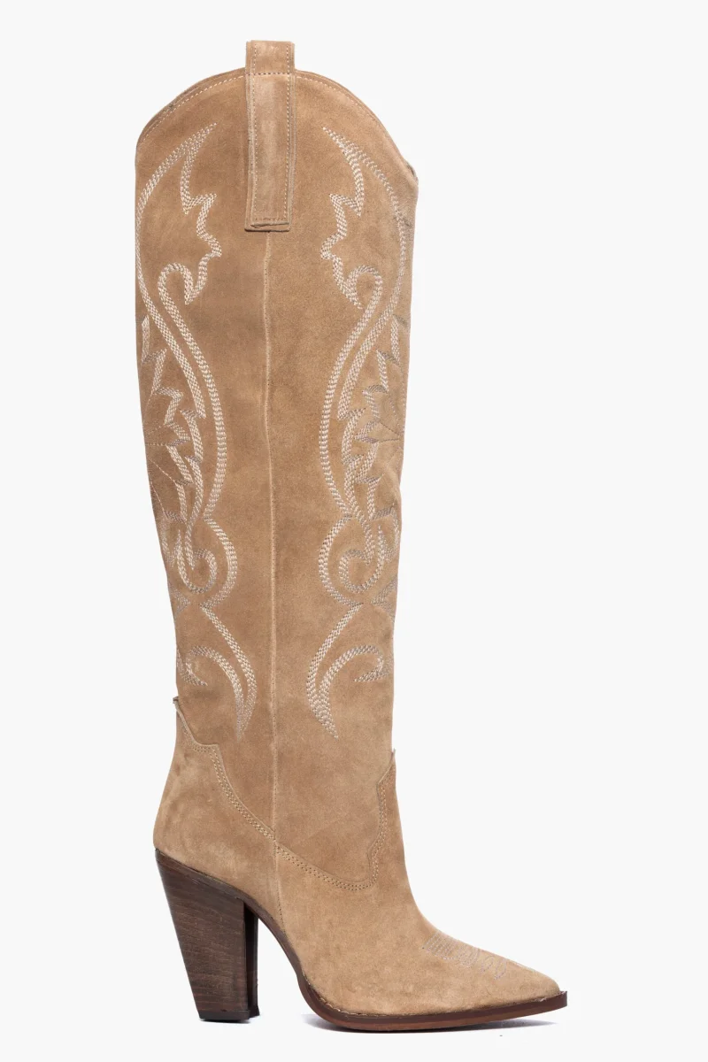 Stivali New Cecilia camoscio taupe con ricamo