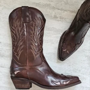Stivali pelle marrone  con ricami Oldwest Black