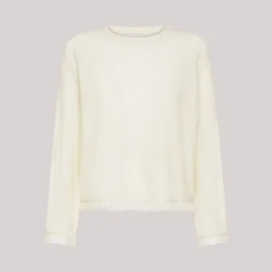 MAGLIA DONNA IN LANA E CASHMERE CON FRANGE BIANCO PANNA