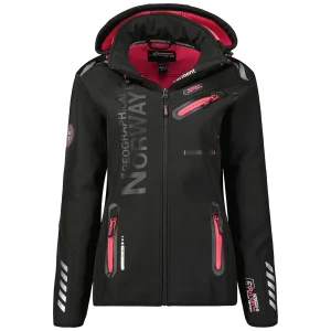 Geographical Norway Giubbotto Softshell Reine con Cappuccio Full Zip Antivento Nero/Rosa Donna