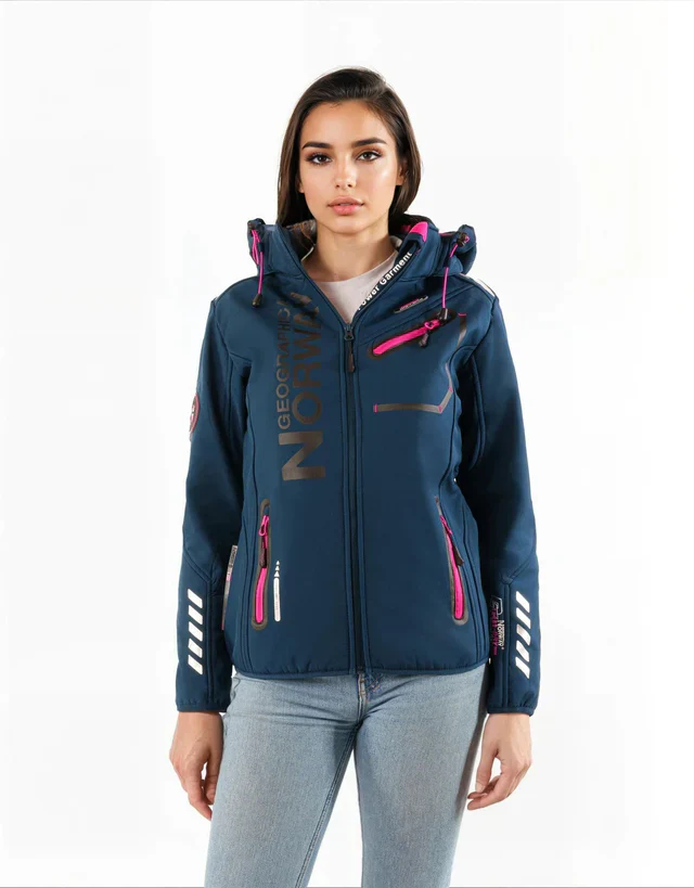 Geographical Norway Giubbotto Softshell Reine con Cappuccio Full Zip Antivento Blu/Rosa Donna - immagine 3