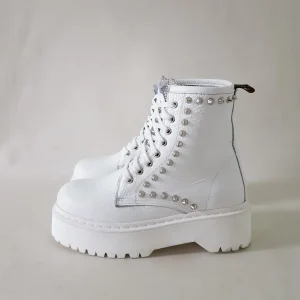 Stivaletti Oxford 84 pelle bianco con glitter e borchie argento