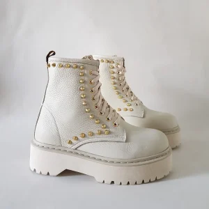 Stivaletti Oxford 84 pelle beige con glitter e borchie oro